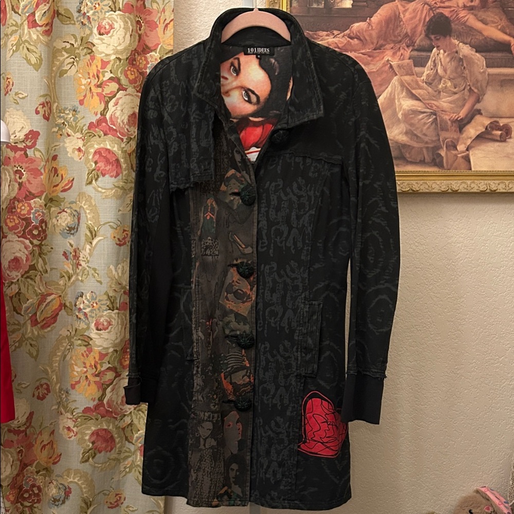 101 Idees Artistic Black Cotton Coat with Ladies Print. Small